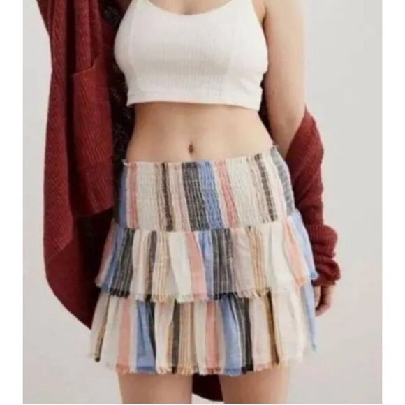 Aerie Tiered Ruffle Stripe Multicolor Mini Cotton Skirt Women’s Size Medium - Picture 1 of 6